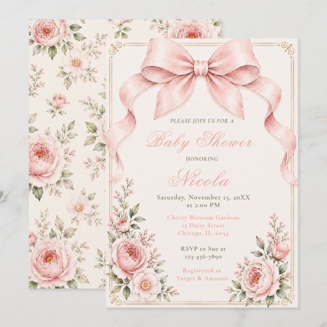 Floral Coquette Bow Baby Shower Invitation (Front/Back)