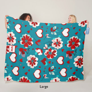 Floral coquette hearts and flowers monogram fleece blanket
