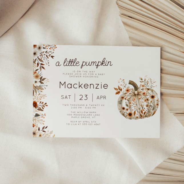 Floral Coquette Little Pumpkin Baby Shower Invitation (Cozy in Bloom A Little Pumpkin Horizontal Baby Shower invitation )