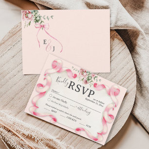 Floral Coquette Pink Bow Cute Vintage Wedding RSVP Card