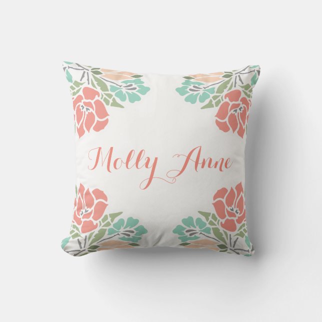 Floral Coral and Teal Baby Girl Nursery Cushion (Front)