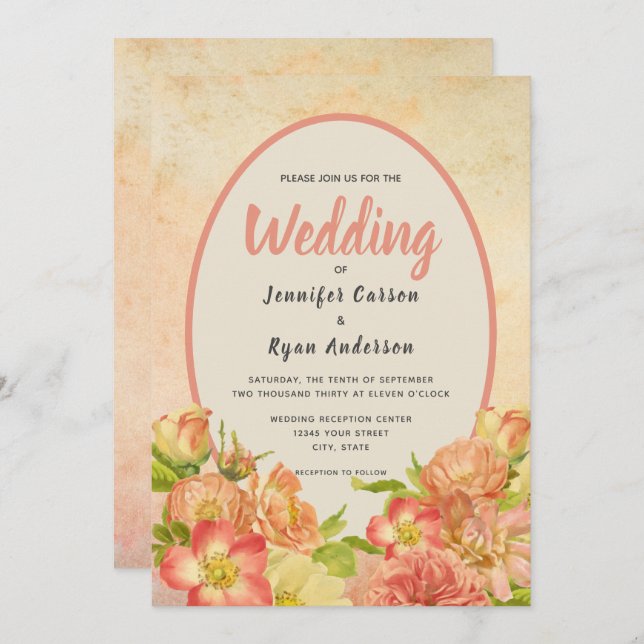 Floral Coral English Garden Country Wedding Invitation (Front/Back)
