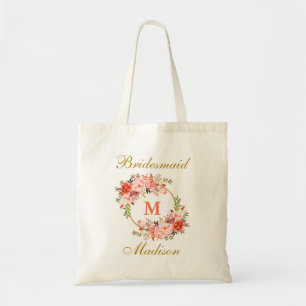 Floral Coral Gold Monogram Bridesmaid Tote Bag