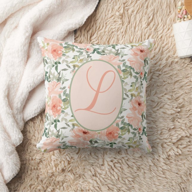 Floral Coral Script Monogram Cushion (Blanket)