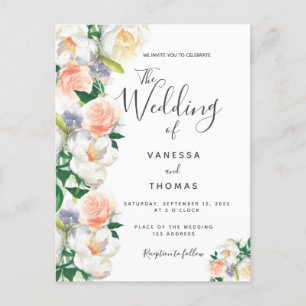 Floral coral script white wedding invitation postcard