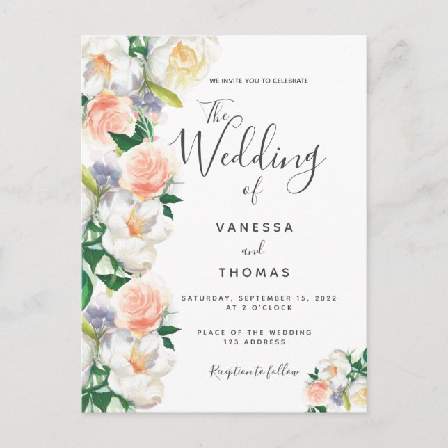 Floral coral script white wedding invitation postcard (Front)