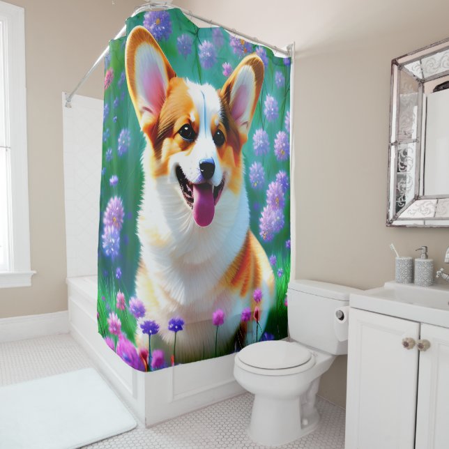 Floral Corgi Shower Curtain (In Situ)