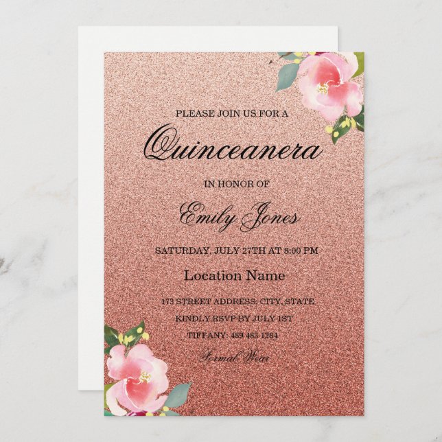 Floral Corol faux glitter Quinceanera Invitation (Front/Back)