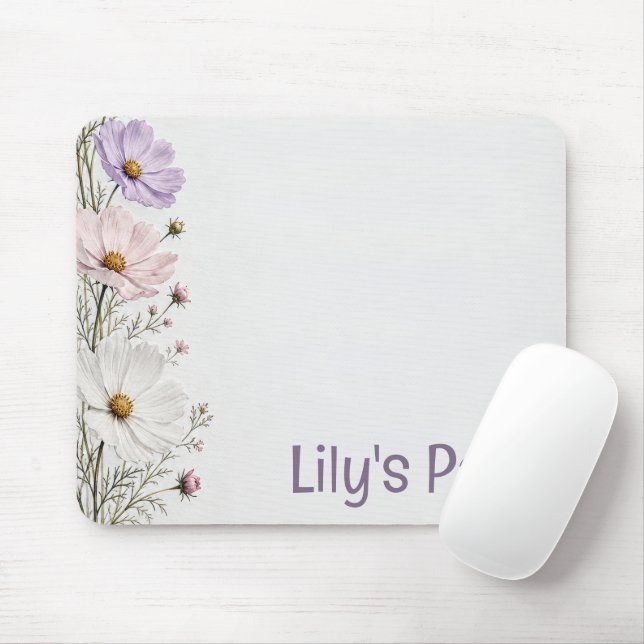 Floral Cosmos Border on White Mouse Pad (With Mouse)