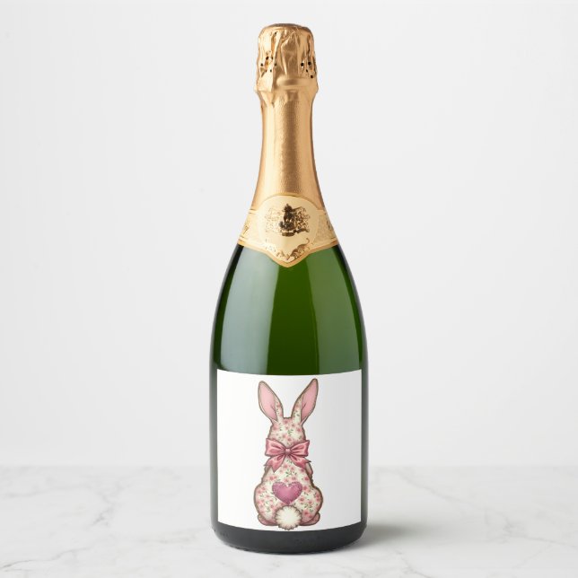 Floral Cottontail Bunny Coquette Bow Rabbit Easter Sparkling Wine Label (Front)
