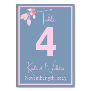 Floral Country Blue & Pink Wedding Table Number