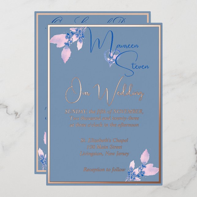 Floral Country Blue Wedding Rose Gold (Front/Back)