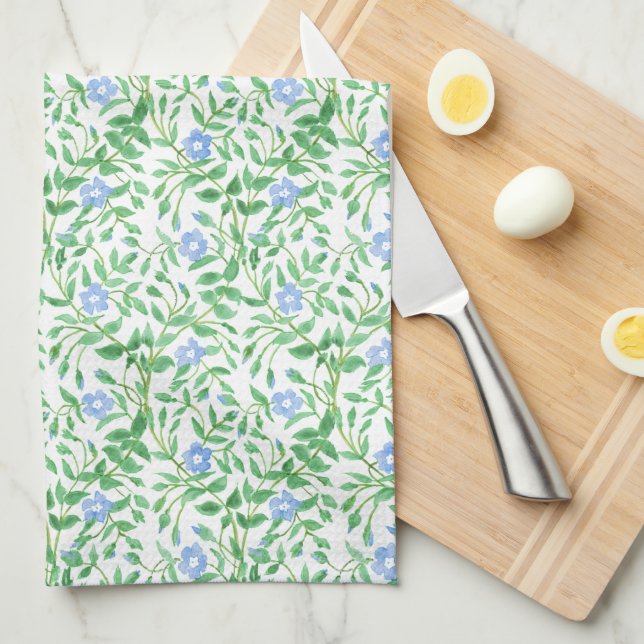 Floral Country-style Blue White Periwinkle Pattern Tea Towel (Quarter Fold)