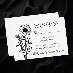 Floral Country Sunflower RSVP Black White Wedding Card