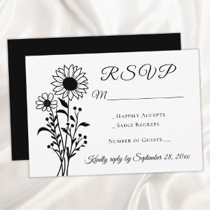 Floral Country Sunflower RSVP Black White Wedding Card