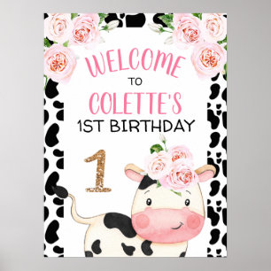 Floral Cow Cow Print Birthday Party Welcome Sign