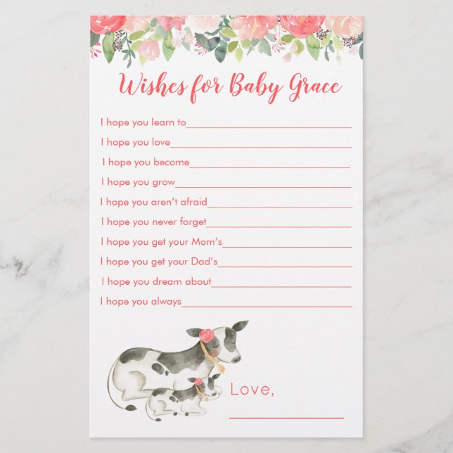 Floral Cow Girl Baby Shower Wishes for Baby (Front)