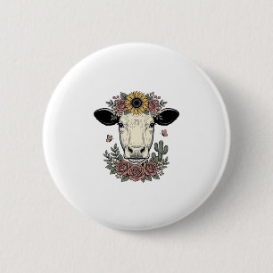 Floral Cow Head Vintage Engraving Design_1 6 Cm Round Badge