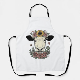 Floral Cow Head Vintage Engraving Design_1 Apron