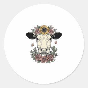 Floral Cow Head Vintage Engraving Design_1 Classic Round Sticker