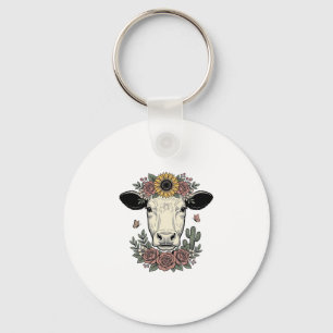 Floral Cow Head Vintage Engraving Design_1 Key Ring