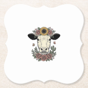 Floral Cow Head Vintage Engraving Design_1 Paper Coaster