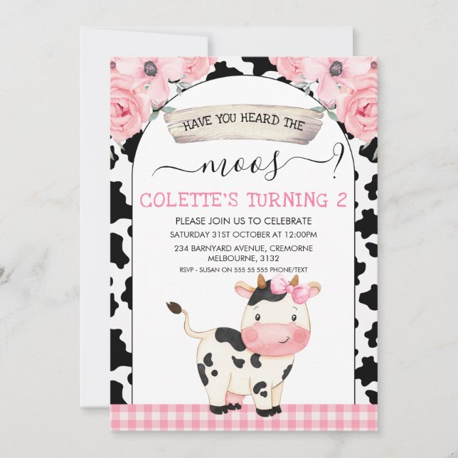 Floral Cow Print Have You Heard The Moos Birthday Invitation (Front)