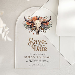 Floral Cow Skull Western Wedding Save the Date Acrylic Invitations