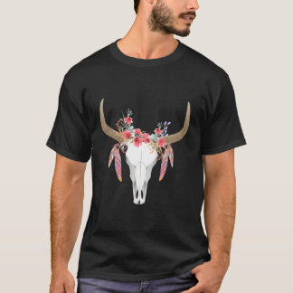 Floral Cow Skull With Feathers Bull Skull For Chri T-Shirt