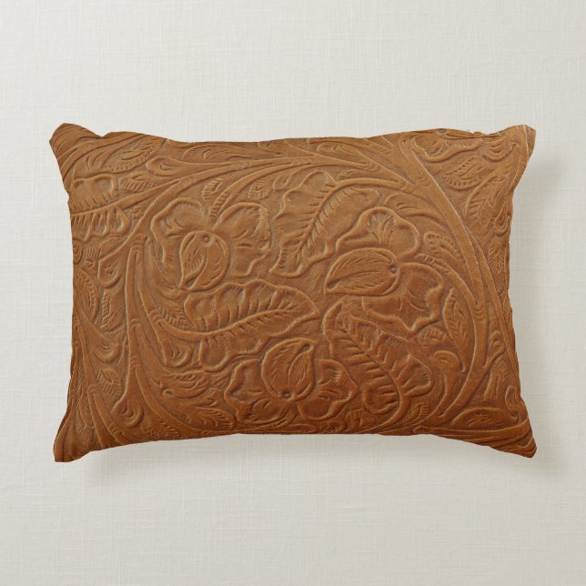 Floral cowboy western decor, tan brown leather. decorative cushion (Front)