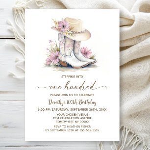 Floral Cowgirl Boots and Hat 100th Birthday Party Invitation