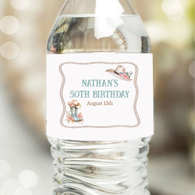Floral Cowgirl Boots and Hat Birthday Water Bottle Label (Creator Uploaded)