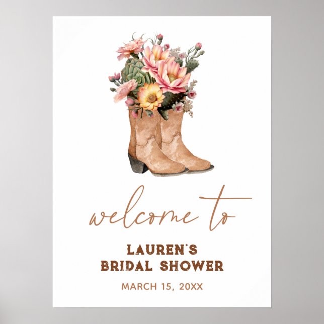 Floral Cowgirl Boots Bridal Shower Welcome Sign (Front)