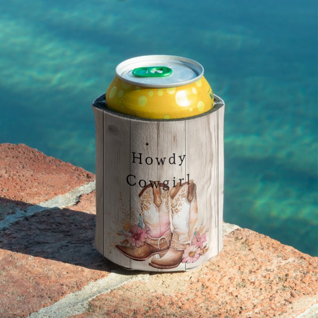 Floral Cowgirl Boots Ivory Faux Wood Personalised  Can Cooler (In Situ Pool)