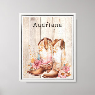 Floral Cowgirl Boots Ivory Faux Wood Personalised Canvas Print