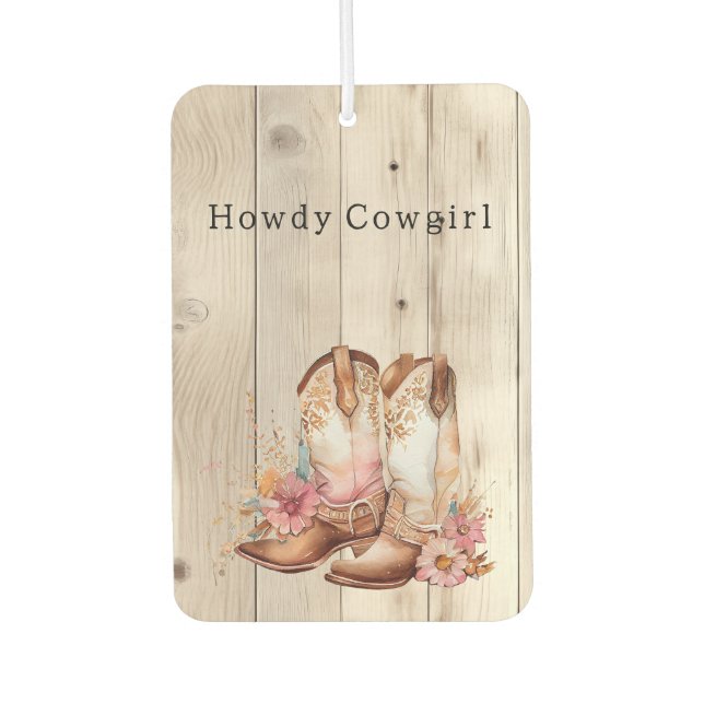 Floral Cowgirl Boots Ivory Faux Wood Personalised  Car Air Freshener (Front)
