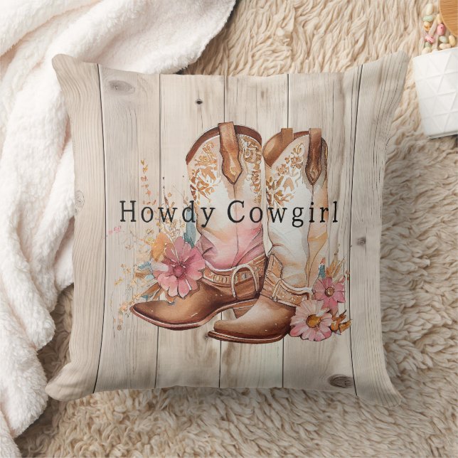 Floral Cowgirl Boots Ivory Faux Wood Personalised  Cushion (Blanket)