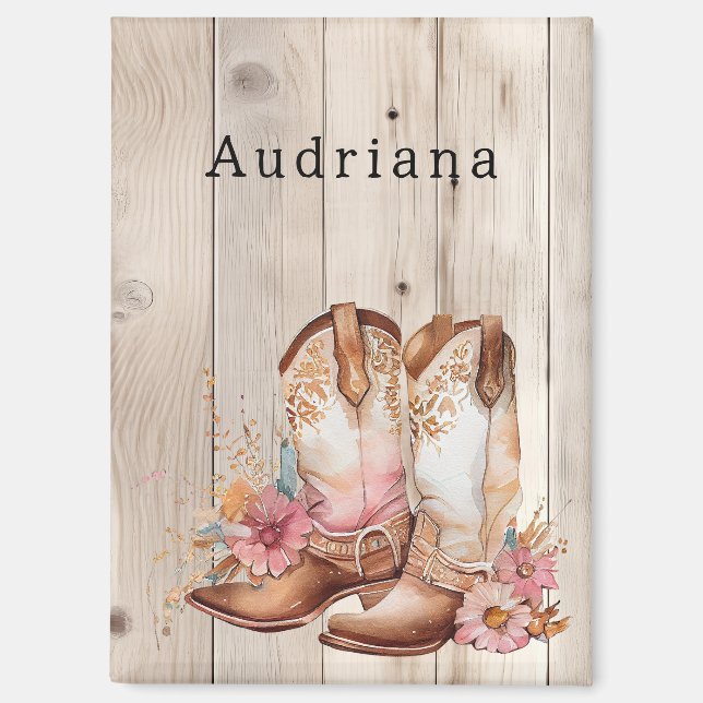 Floral Cowgirl Boots Ivory Faux Wood Personalised  Magnet (Front)