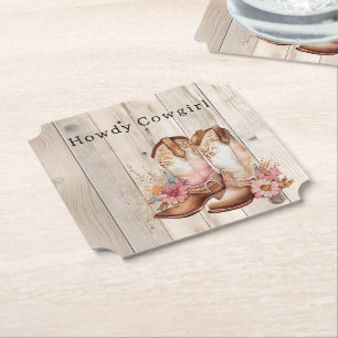 Floral Cowgirl Boots Ivory Faux Wood Personalised Paper Coaster
