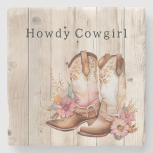 Floral Cowgirl Boots Ivory Faux Wood Personalised Stone Coaster
