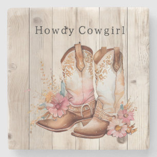 Floral Cowgirl Boots Ivory Faux Wood Personalised Stone Coaster