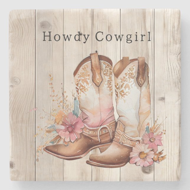 Floral Cowgirl Boots Ivory Faux Wood Personalized  Stone Coaster (Front)