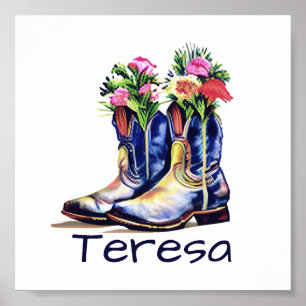 Floral cowgirl boots personalised poster