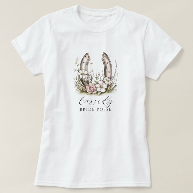 Floral Cowgirl Bride Posse Floral Horseshoe T-Shirt (Design Front)