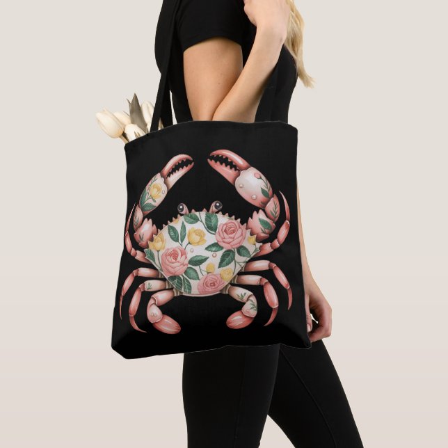 Floral Crab Art Coastal Design Tote Bag (Close Up)