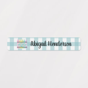Floral Crayon Aqua Blue Plaid Name Labels