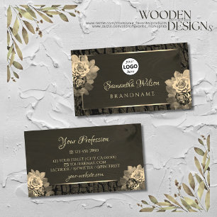 Floral Cream Gold Dark Brown Wood Grain with Logo Business Card