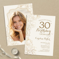 Floral Cream Gold Photo 30th Birthday Party