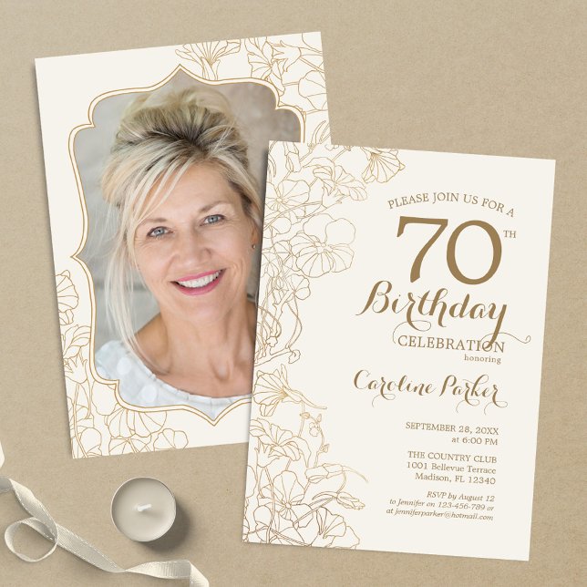 Floral Cream Gold Photo 70th Birthday Party Invitation (Creator Uploaded)