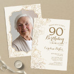 Floral Cream Gold Photo 90th Birthday Party Invitation<br><div class="desc">Floral Ivory Cream Gold Photo 90th Birthday Party Invitation. Minimalist modern design featuring botanical outline drawings accents and typography script font. Simple trendy invite card perfect for a stylish female bday celebration. Can be customised to any age. Printed Zazzle invitations or instant download digital printable template.</div>